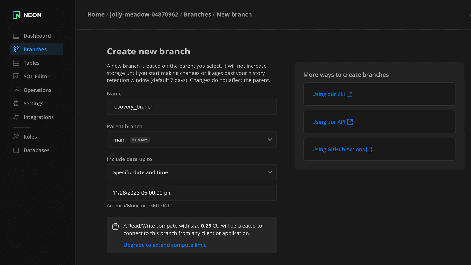 Create branch dialog