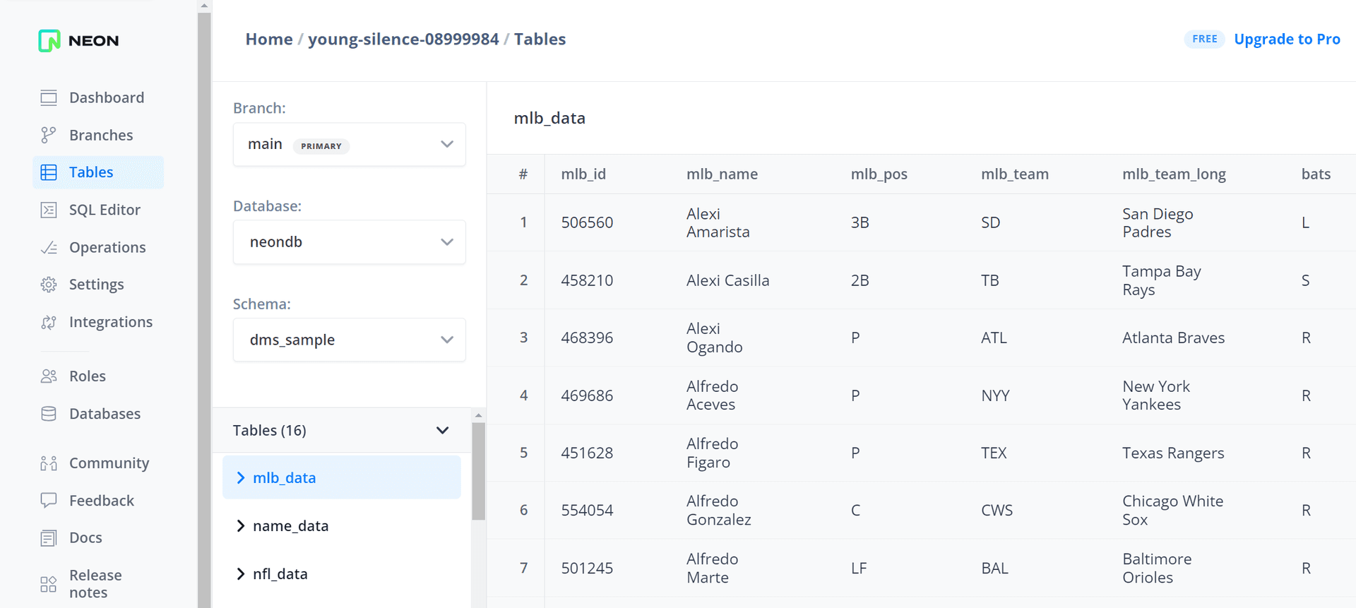 Neon Tables view showing imported data