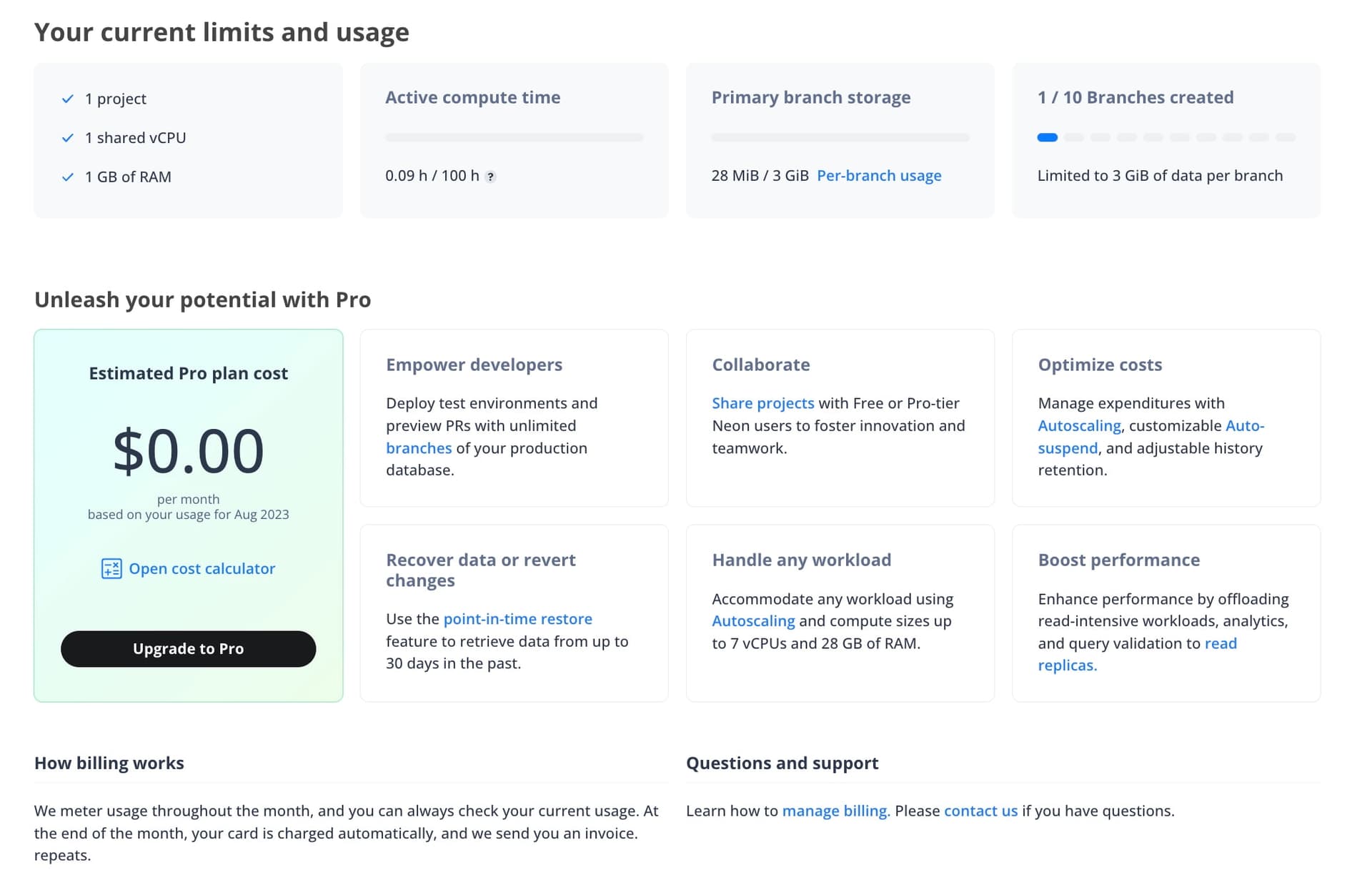 Free Tier Billing page